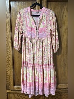 Boho Pink Floral Flowy Tiered Midi Dress 3/4 Sleeves Sz M